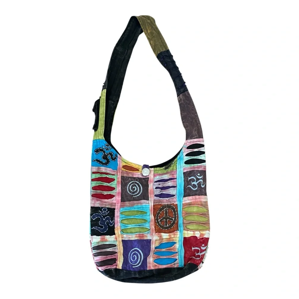 Distressed Hippie Satchel Unisex‎ Crossbody Bag Multicolor Peace Love Om Print